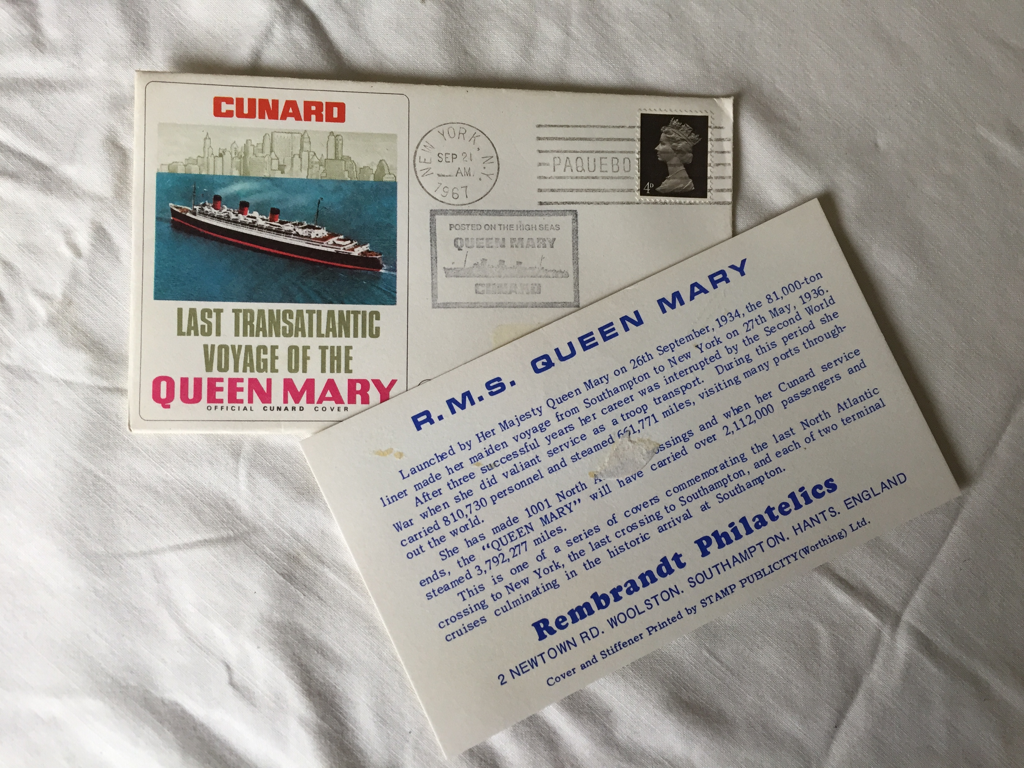 LAST TRANSATLANTIC VOYAGE QUEEN MARY POSTAL CARD DATED 1967